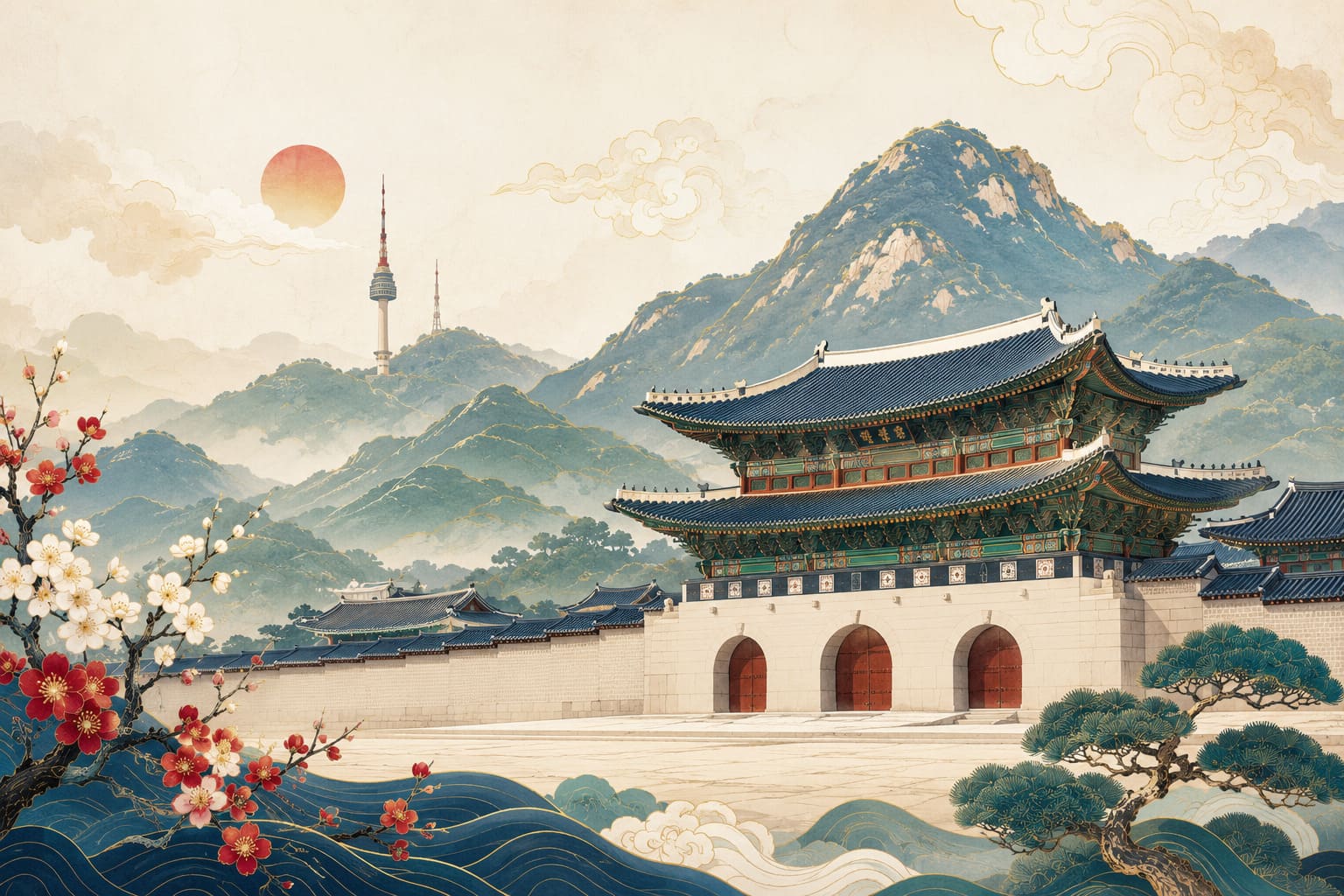 Minh họa nghệ thuật Cung điện Gyeongbokgung, núi và N Seoul Tower, không có người