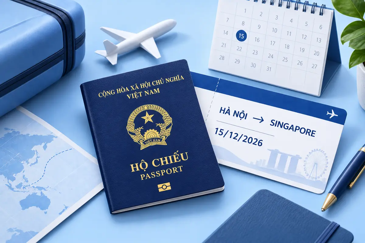 Hộ chiếu phổ thông Việt Nam và vé máy bay Hà Nội đi Singapore ngày 15/12/2026 minh họa thời hạn đi nước ngoài