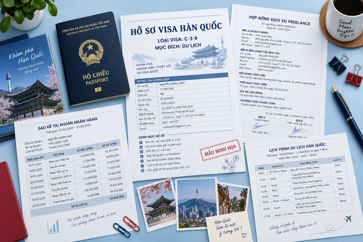 Bộ hồ sơ visa Hàn Quốc của người làm tự do với hợp đồng, sao kê và hộ chiếu có chữ