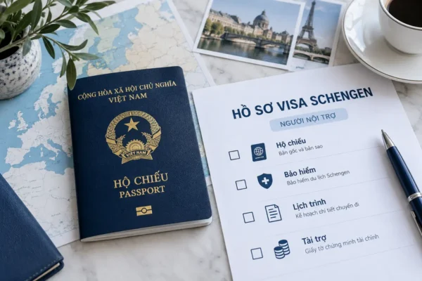 Hộ chiếu Việt Nam cạnh bảng kiểm hồ sơ visa Schengen cho người nội trợ gồm hộ chiếu, bảo hiểm, lịch trình và chứng từ tài trợ