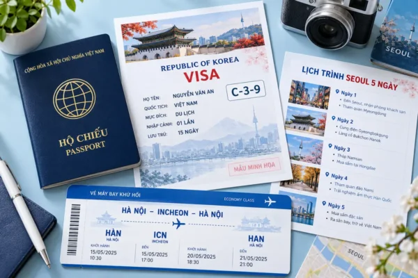 Hộ chiếu Việt Nam, hồ sơ visa C-3-9, vé máy bay và lịch trình du lịch Hàn Quốc