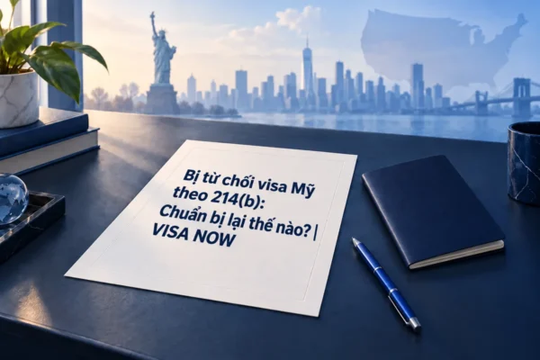 Tiêu đề bài viết về visa Mỹ bị từ chối theo 214(b) in trên giấy cạnh hộ chiếu màu xanh trơn