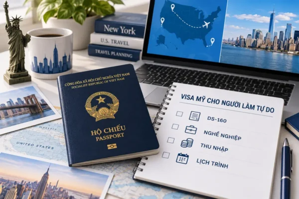 Hộ chiếu Việt Nam cạnh checklist visa Mỹ cho người làm tự do gồm DS-160, nghề nghiệp, thu nhập và lịch trình