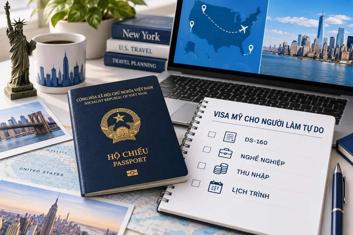 Hộ chiếu Việt Nam cạnh checklist visa Mỹ cho người làm tự do gồm DS-160, nghề nghiệp, thu nhập và lịch trình