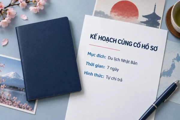 Hộ chiếu màu xanh trơn cạnh bản kế hoạch củng cố hồ sơ xin visa Nhật Bản