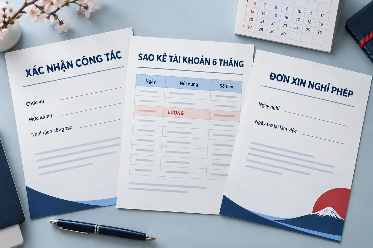 Minh họa sao kê tài khoản, xác nhận thu nhập và kế hoạch chi phí chuyến đi Nhật Bản