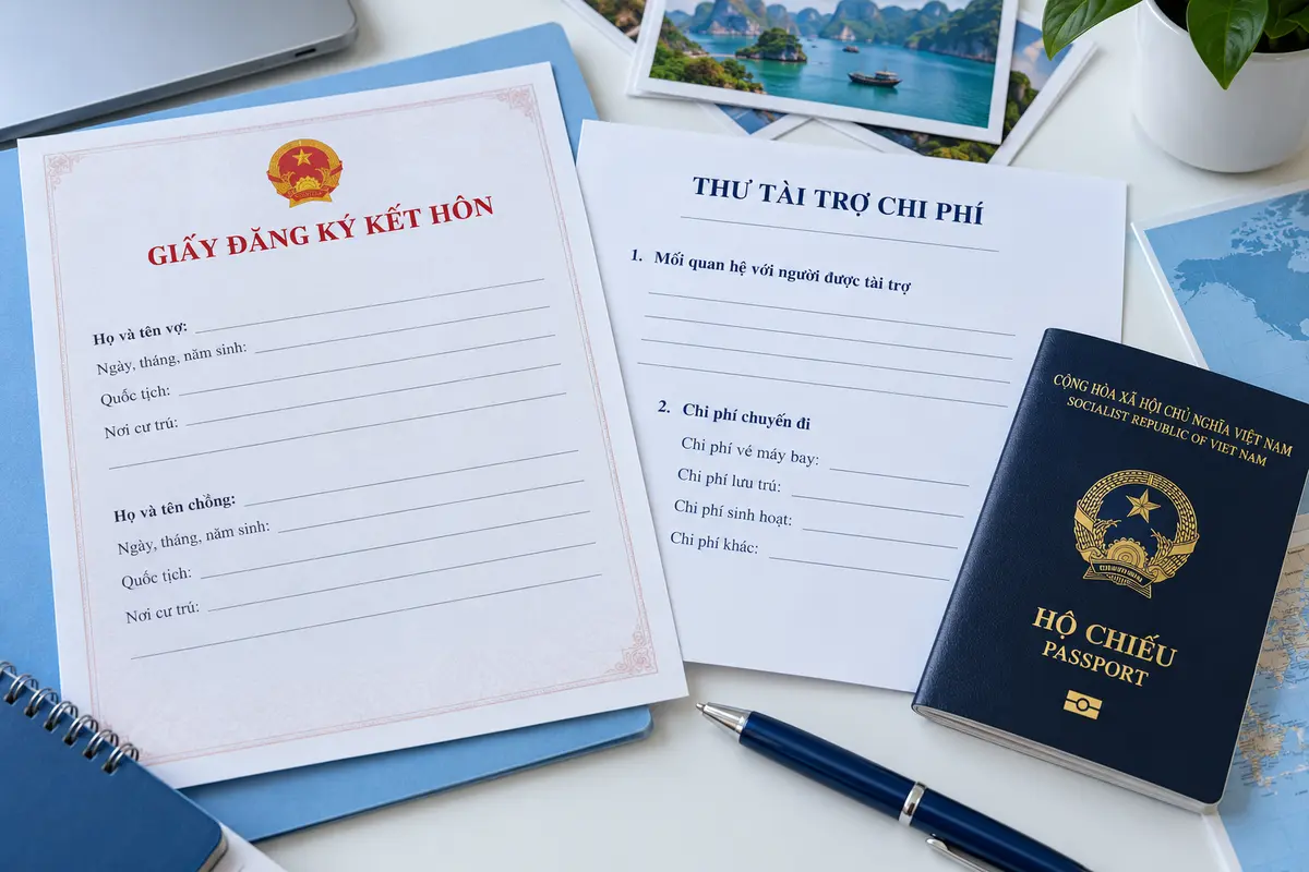 Giấy đăng ký kết hôn, thư tài trợ chi phí và hộ chiếu Việt Nam minh họa quan hệ giữa người nội trợ và người tài trợ