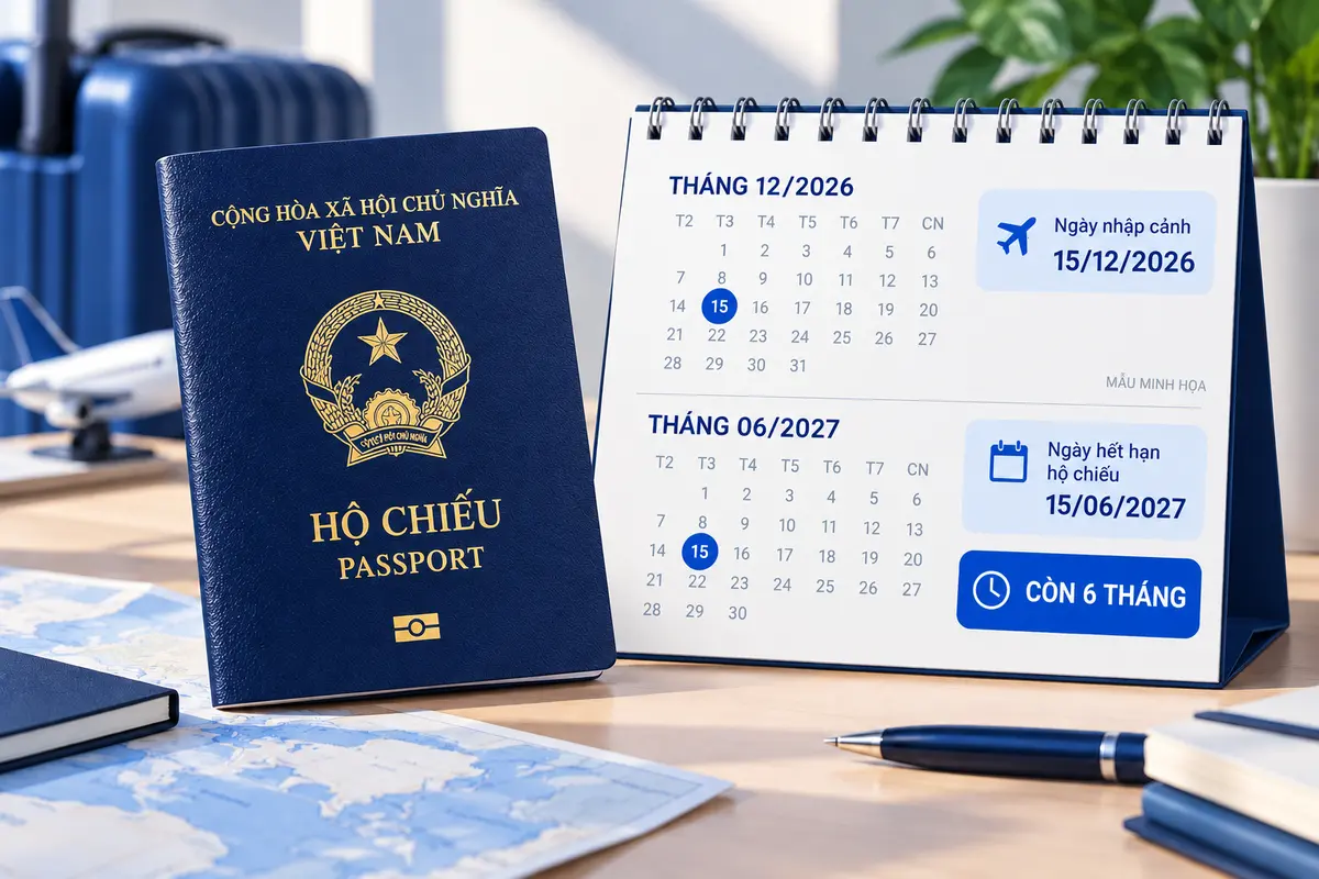 Hộ chiếu Việt Nam và lịch minh họa ngày nhập cảnh Singapore 15/12/2026, ngày hết hạn hộ chiếu 15/06/2027