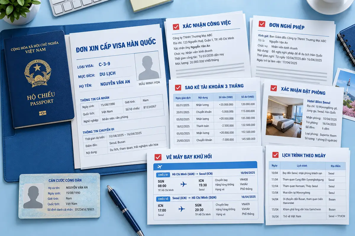 Bộ hồ sơ xin visa Hàn Quốc C-3-9 gồm tờ khai, ảnh thẻ, giấy tờ công việc và tài chính