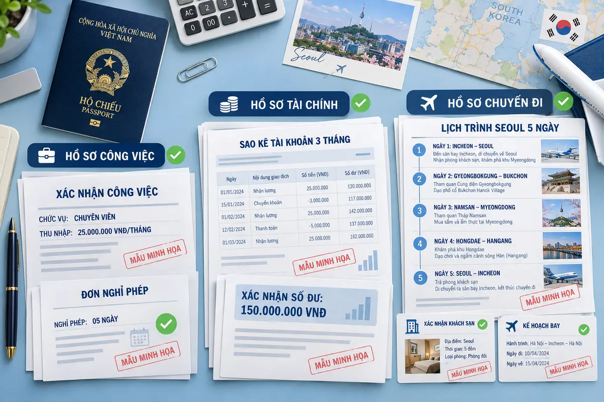Sao kê thu nhập, xác nhận số dư và lịch trình Seoul theo ngày dùng cho hồ sơ visa Hàn Quốc
