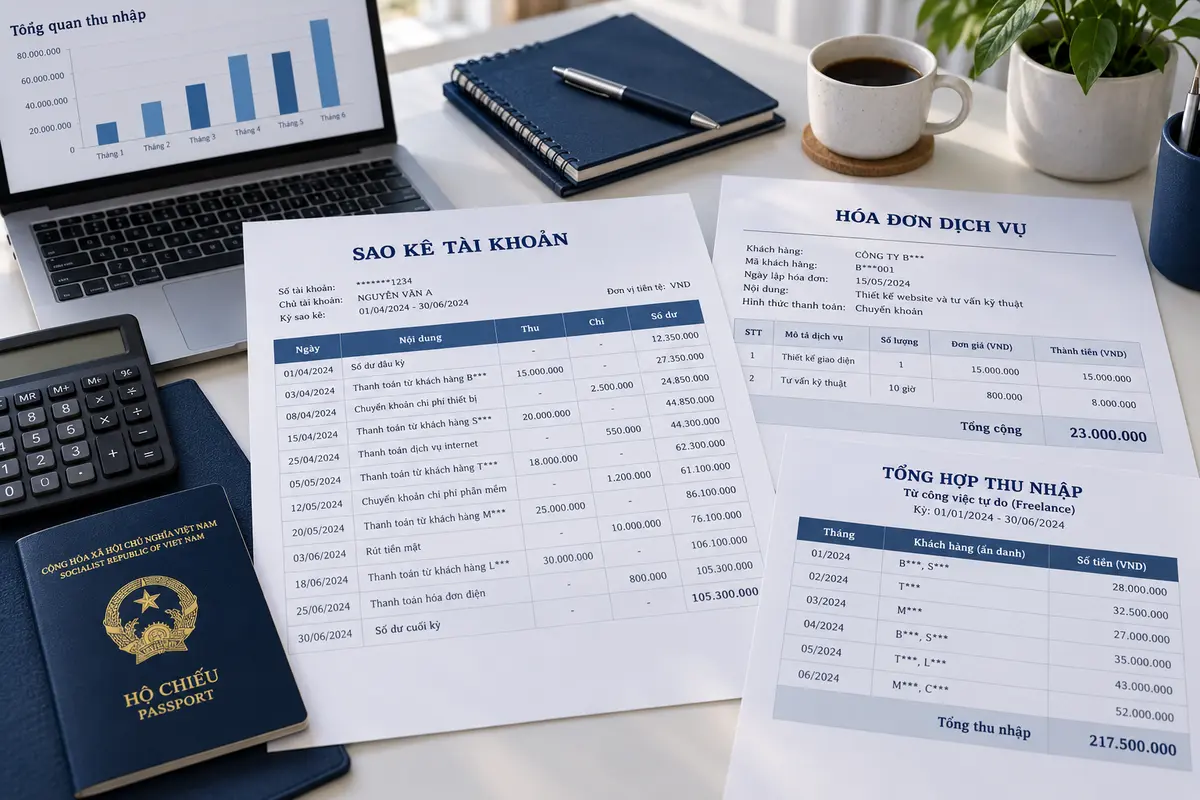 Sao kê tài khoản, hóa đơn dịch vụ và bảng tổng hợp thu nhập freelancer đặt cạnh hộ chiếu Việt Nam