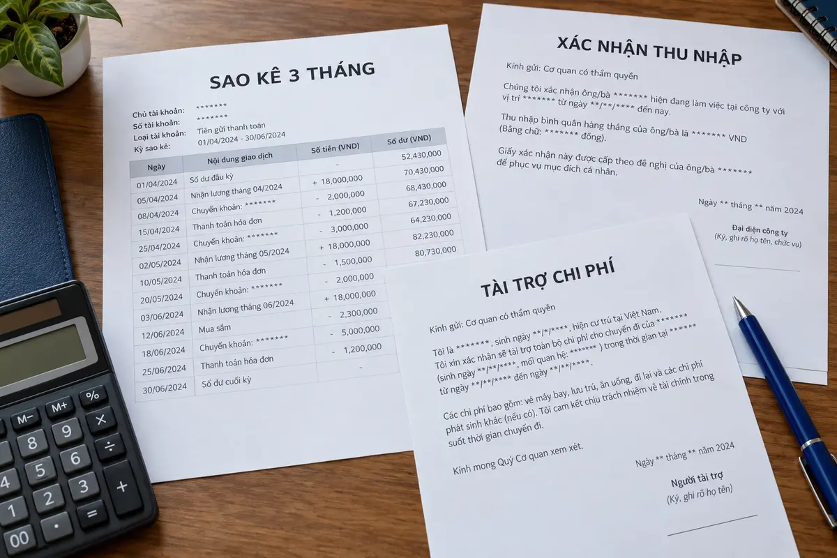 Sao kê ngân hàng ba tháng, xác nhận thu nhập và thư tài trợ chi phí cho hồ sơ visa Schengen