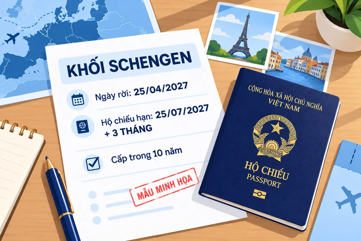 Hộ chiếu Việt Nam và bảng minh họa thời hạn Schengen: rời khu vực 25/04/2027, hộ chiếu còn hạn đến 25/07/2027