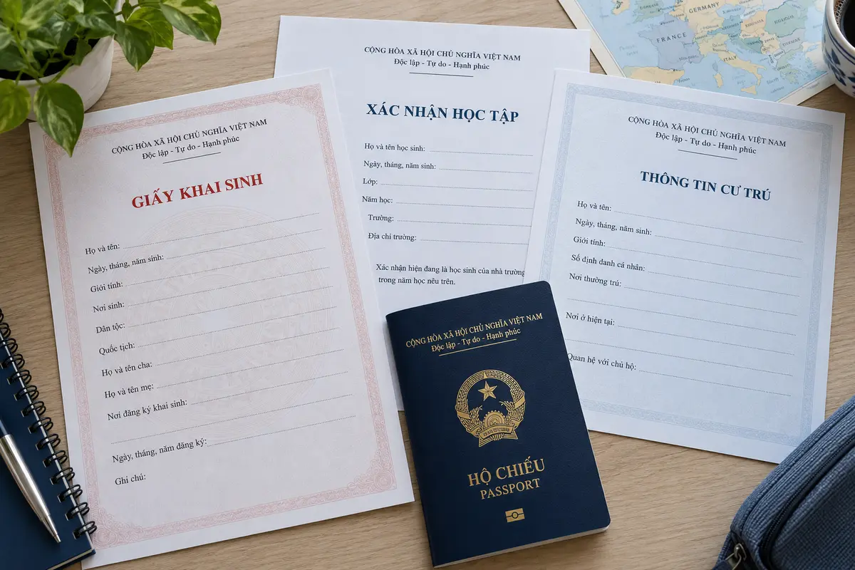 Giấy khai sinh, xác nhận học tập của con, thông tin cư trú và hộ chiếu Việt Nam minh họa ràng buộc trở về