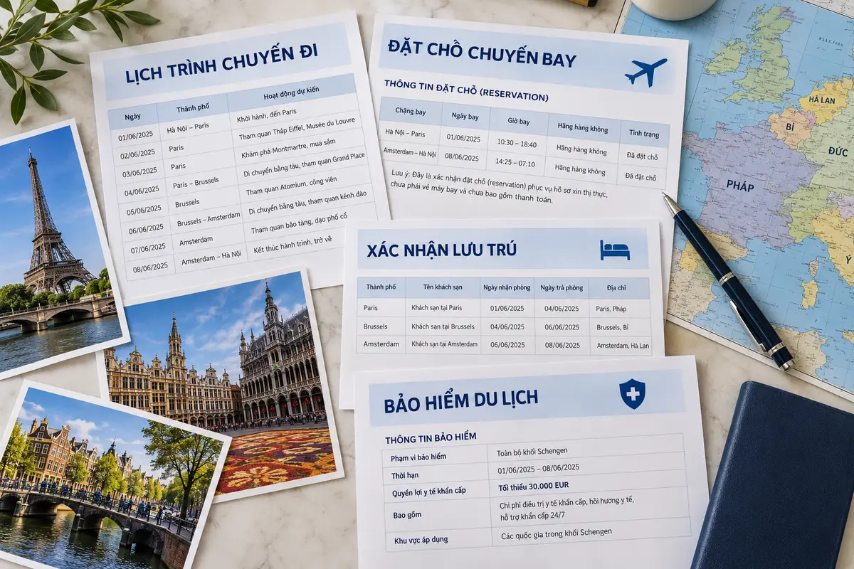 Lịch trình Schengen, đặt chỗ chuyến bay, xác nhận lưu trú và bảo hiểm du lịch mức tối thiểu 30.000 euro