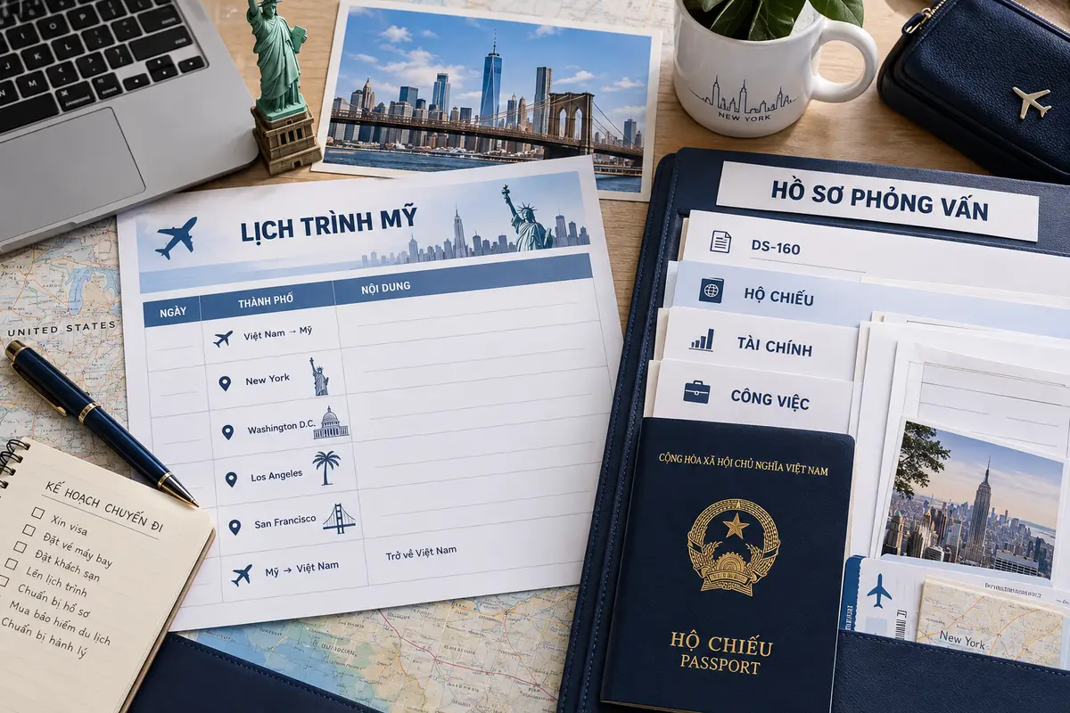Lịch trình du lịch Mỹ, bìa hồ sơ phỏng vấn DS-160, tài chính, công việc và hộ chiếu Việt Nam