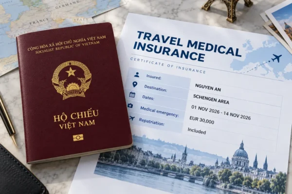 Hộ chiếu Việt Nam cạnh chứng nhận bảo hiểm y tế du lịch cho chuyến đi Schengen