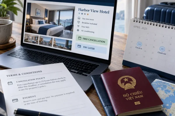 Hộ chiếu Việt Nam bên cạnh trang đặt phòng khách sạn và lịch lưu trú