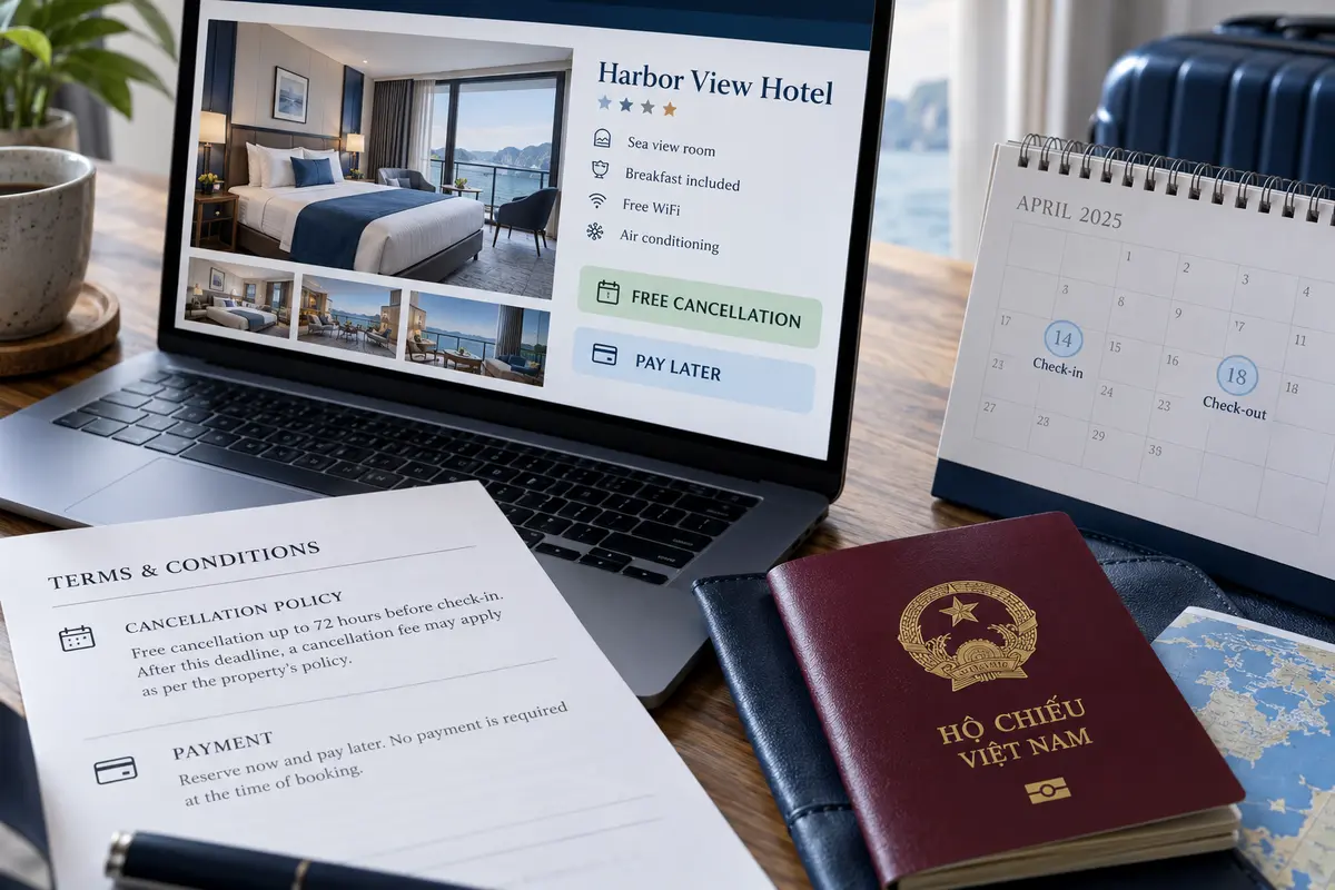 Hộ chiếu Việt Nam bên cạnh xác nhận đặt khách sạn và lịch trình dùng trong hồ sơ visa