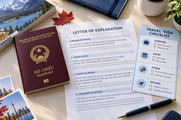 Hộ chiếu Việt Nam cạnh thư giải trình visa Canada và checklist mục đích, thời gian, tài chính, kế hoạch trở về