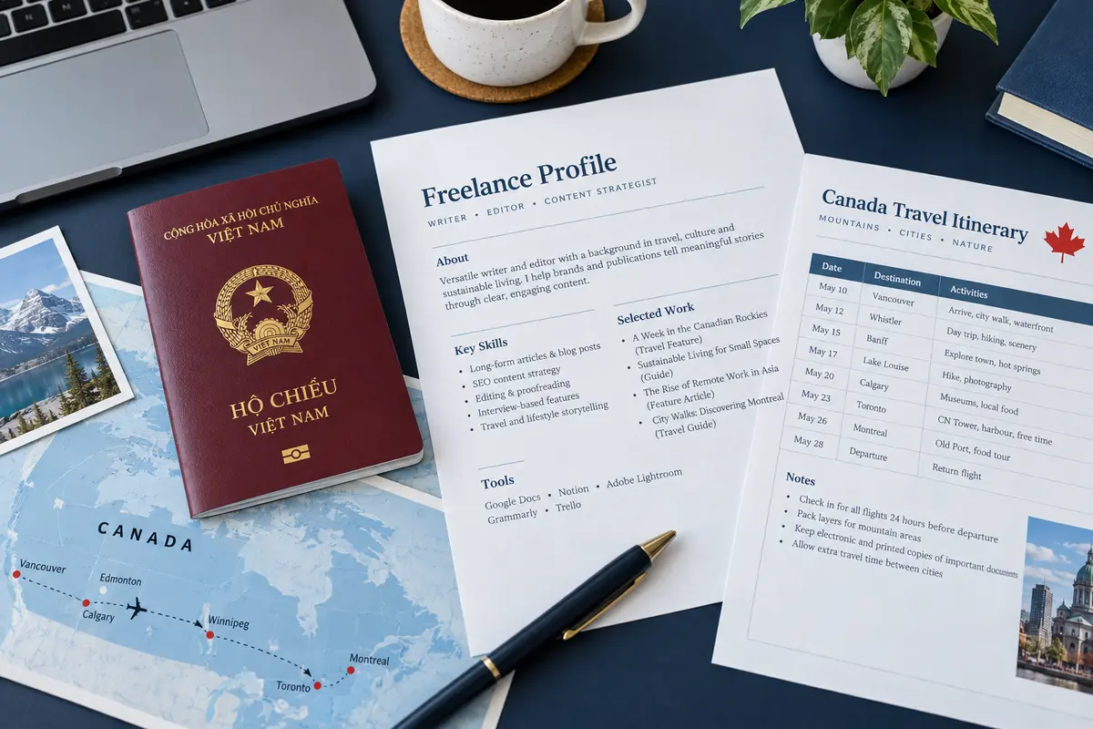 Hộ chiếu Việt Nam cùng hồ sơ nghề nghiệp và tài chính của người làm tự do xin visa Canada
