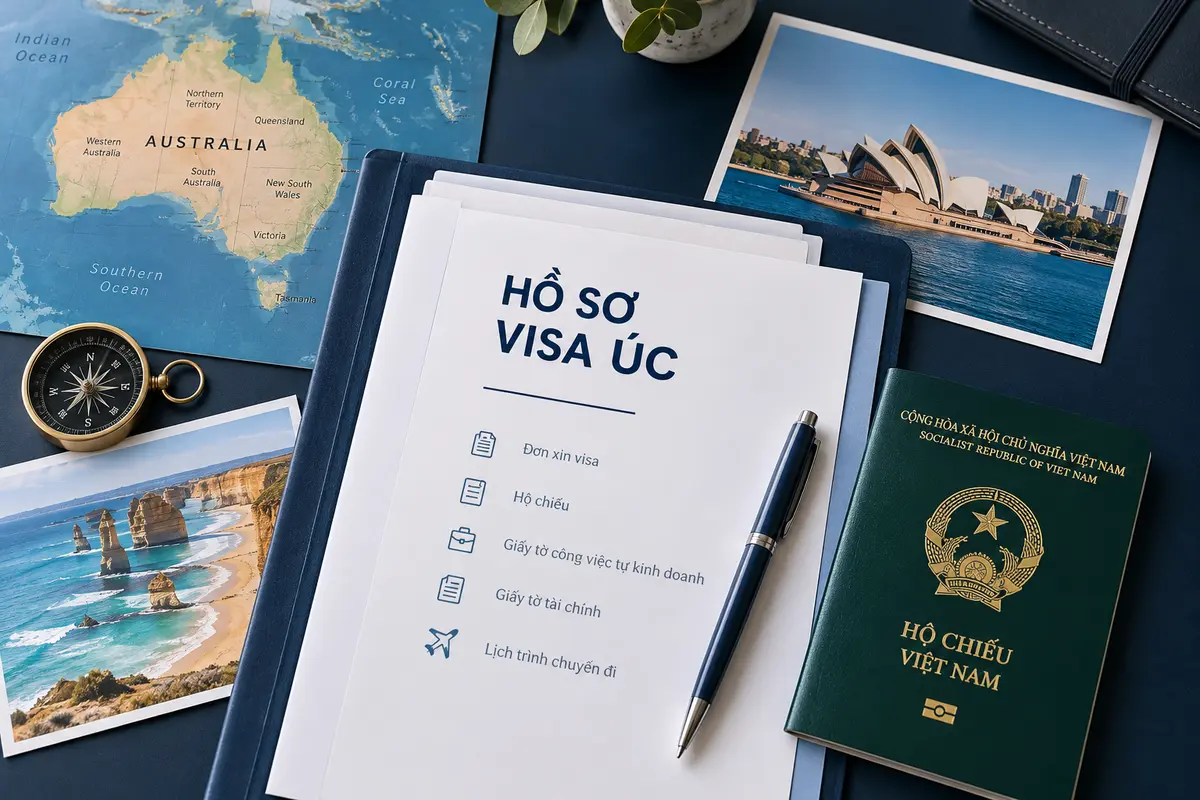Hộ chiếu Việt Nam và hồ sơ visa Úc cho người làm tự do bên cạnh bản đồ Australia