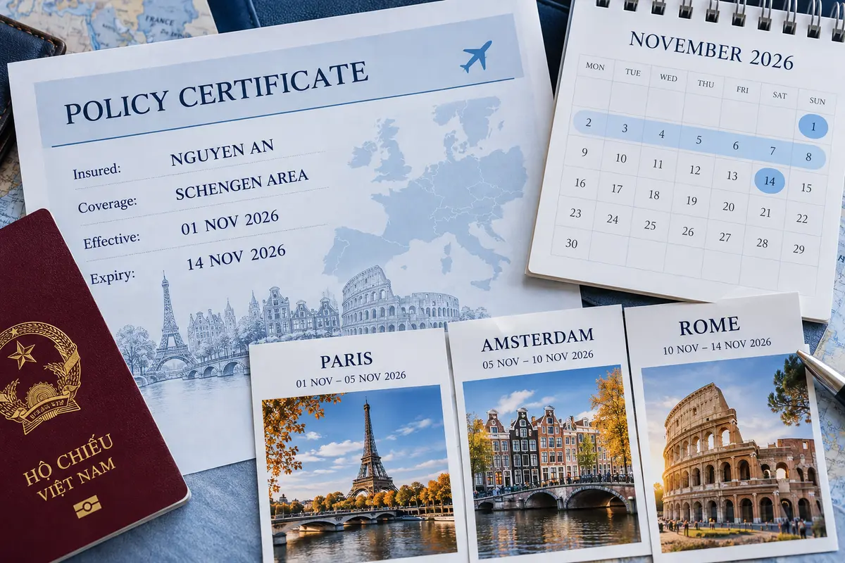 Chứng nhận bảo hiểm du lịch đối chiếu tên người đi, vùng Schengen và ngày hiệu lực