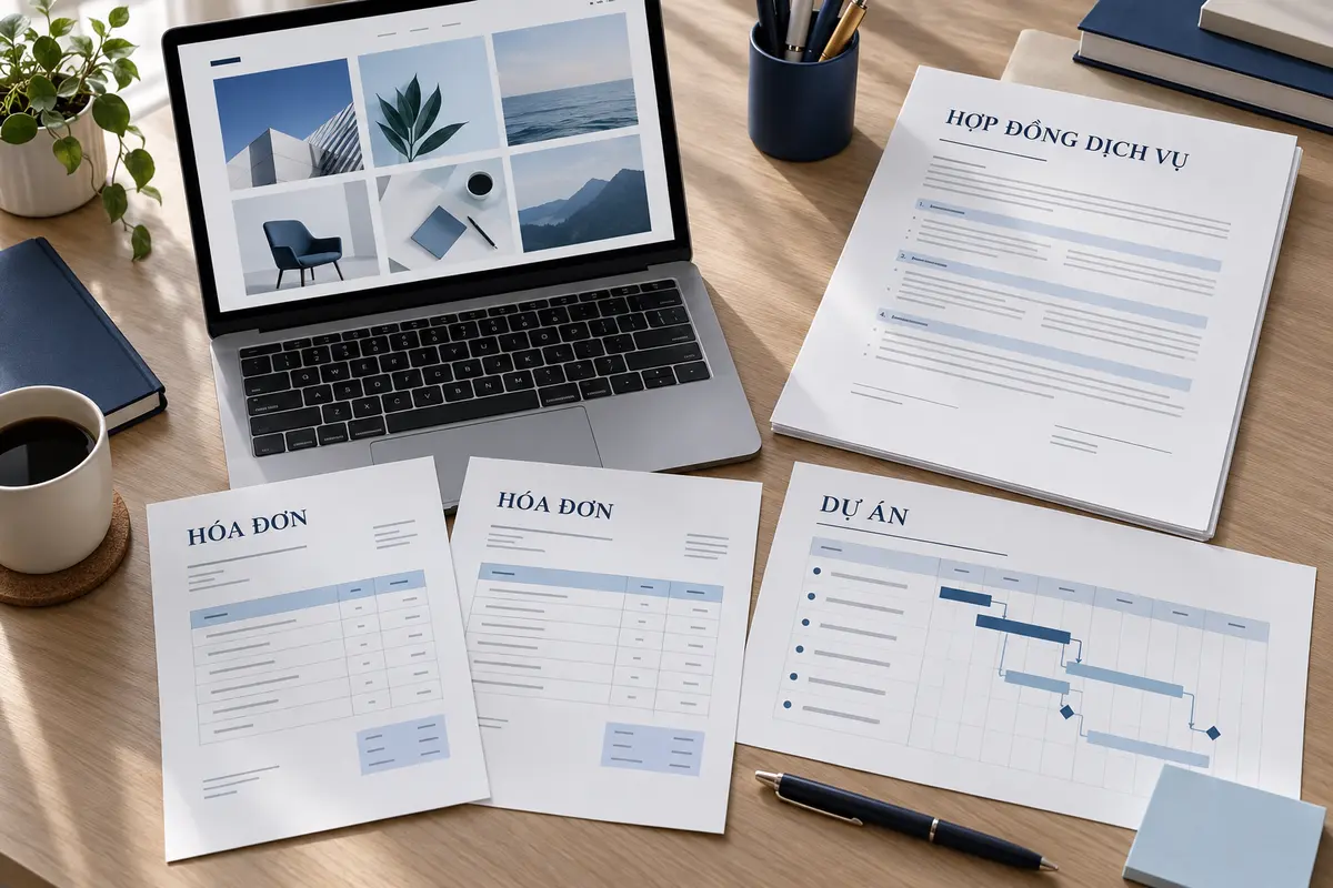 Hợp đồng dịch vụ, hóa đơn và danh mục dự án minh họa nghề nghiệp freelancer xin visa Úc
