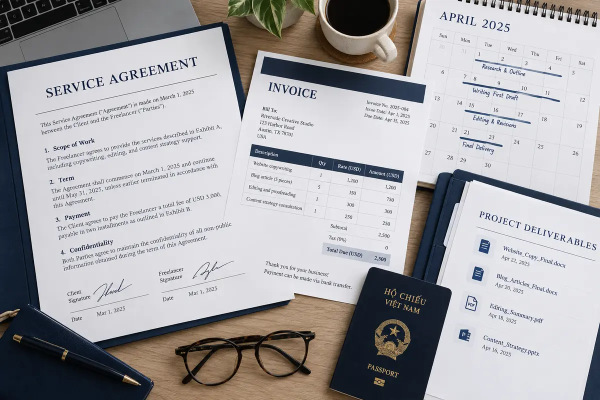 Hợp đồng dịch vụ, hóa đơn và sản phẩm bàn giao minh họa công việc freelancer trong hồ sơ visa Canada
