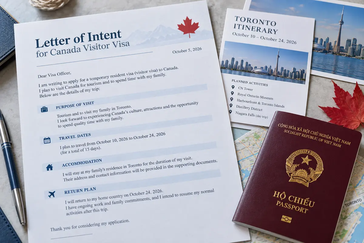 Thư giải trình mục đích du lịch Canada, ngày đi về và lịch trình Toronto cạnh hộ chiếu Việt Nam