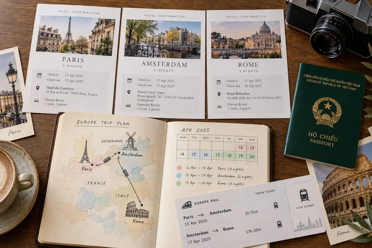 Ba xác nhận khách sạn Paris Amsterdam Rome xếp theo lịch trình nhiều thành phố trong hồ sơ Schengen
