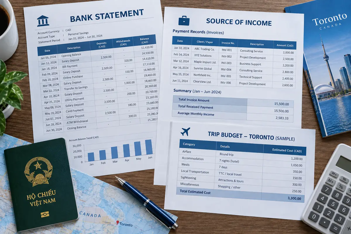 Sao kê sáu tháng, hóa đơn dự án và bảng nguồn thu của freelancer khi chuẩn bị visa Canada