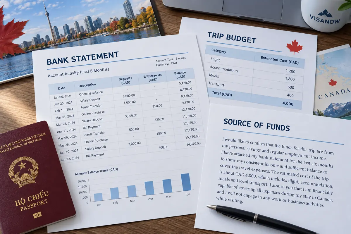 Sao kê sáu tháng, dự toán chi phí chuyến đi và phần giải thích nguồn tiền trong hồ sơ visa Canada