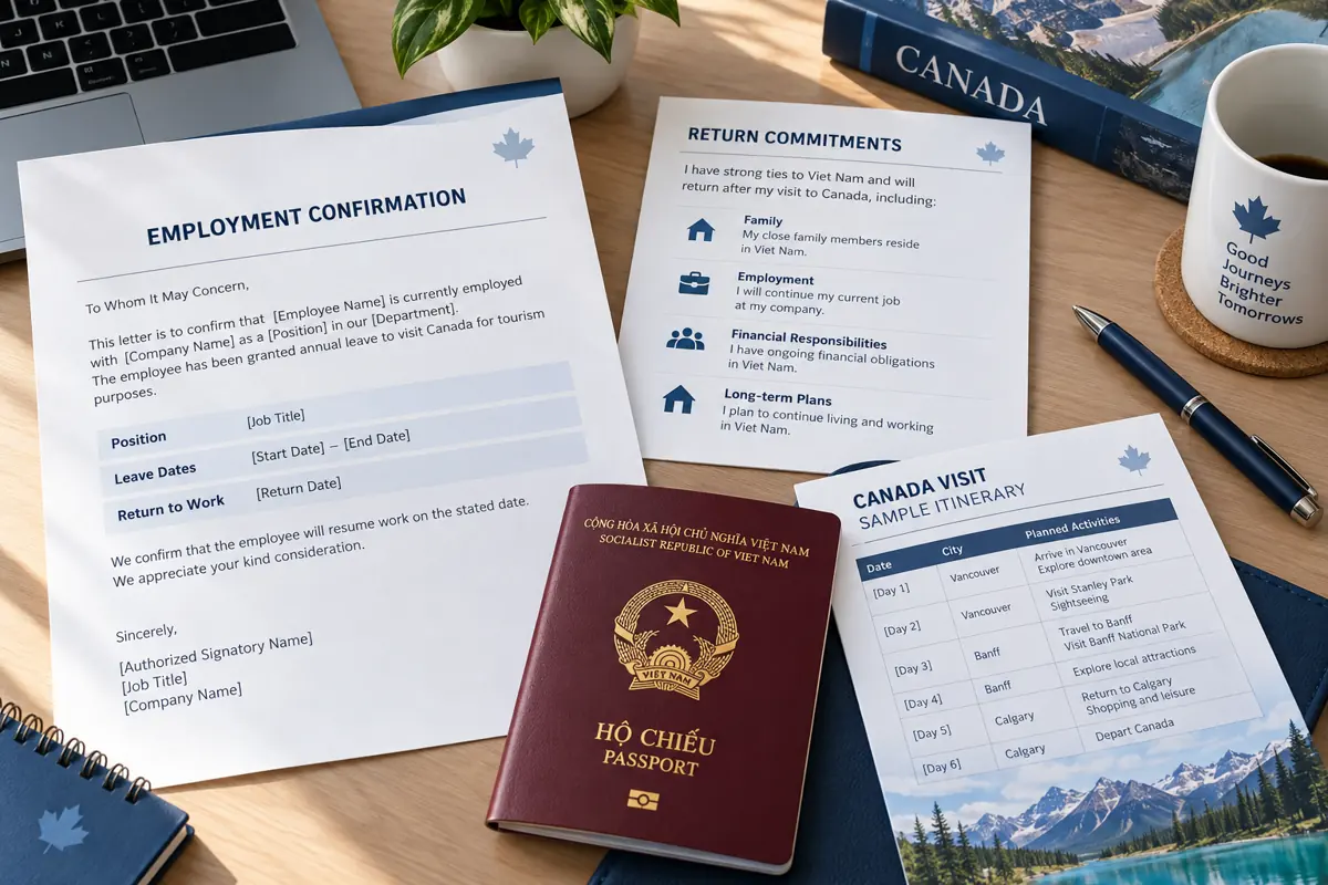 Giấy xác nhận công việc, kế hoạch trở lại Việt Nam và lịch trình Canada bên cạnh hộ chiếu Việt Nam