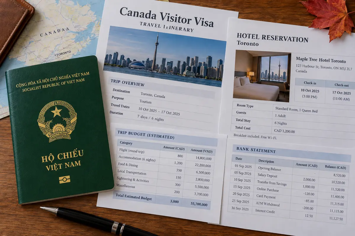 Xác nhận khách sạn Toronto cùng bảng dự toán chuyến đi và tài chính cho hồ sơ visa Canada