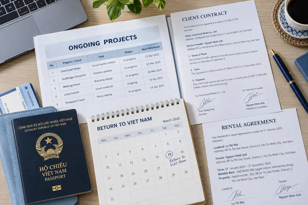 Lịch dự án tiếp tục sau chuyến đi và hợp đồng khách hàng thể hiện ràng buộc của freelancer tại Việt Nam