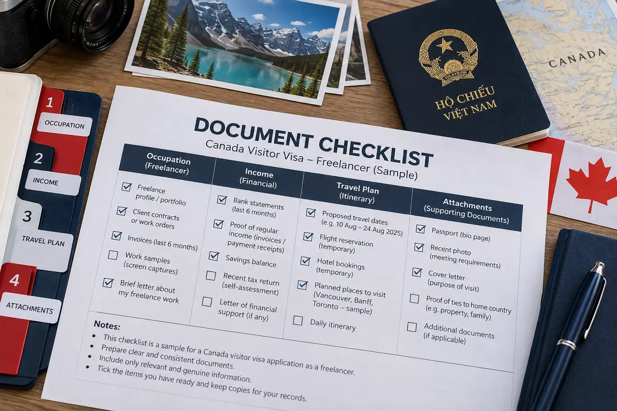 Bảng checklist đối chiếu nghề nghiệp, sao kê, lịch trình và ràng buộc của người làm tự do xin visa Canada