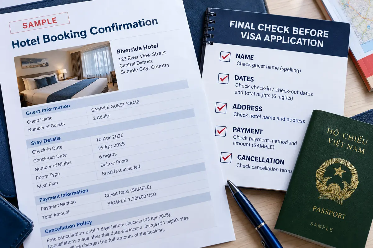 Checklist soát tên ngày địa chỉ giá và điều kiện hủy của xác nhận đặt khách sạn trước khi nộp visa